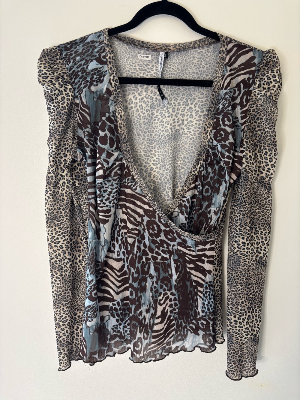 Just Living Mixed Animal Print V-Neck Long Sleeve Top - Brown & Light Blue